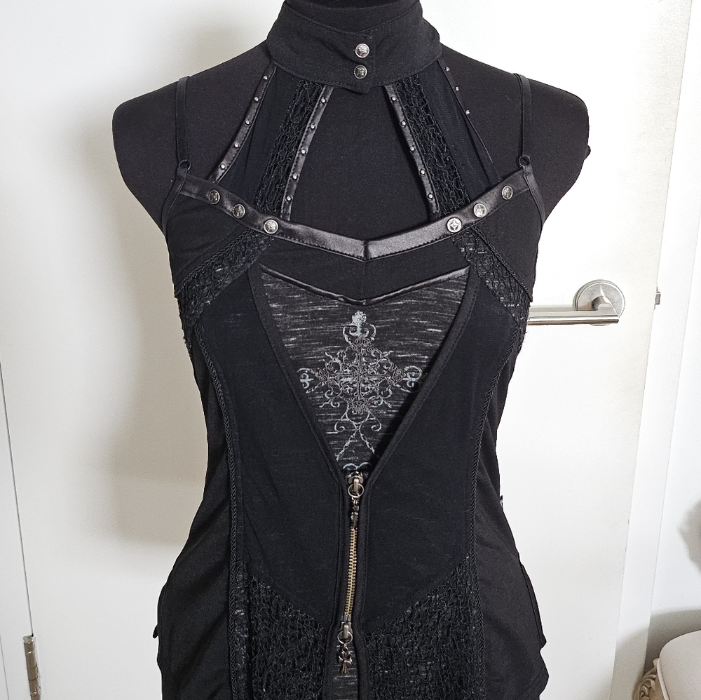 Ozzon Japan Ozz Croce Black Gothic High Neck Layered Top Silver Crosses And Lace - Picture 2 of 11